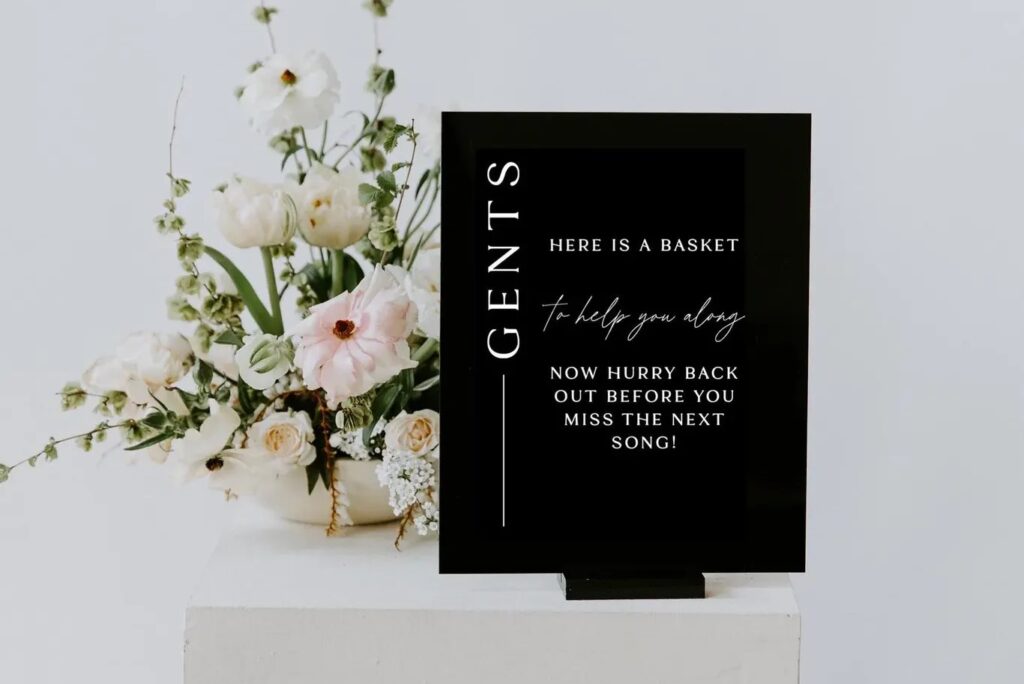 14 Chic Wedding Bathroom Basket Sign Ideas